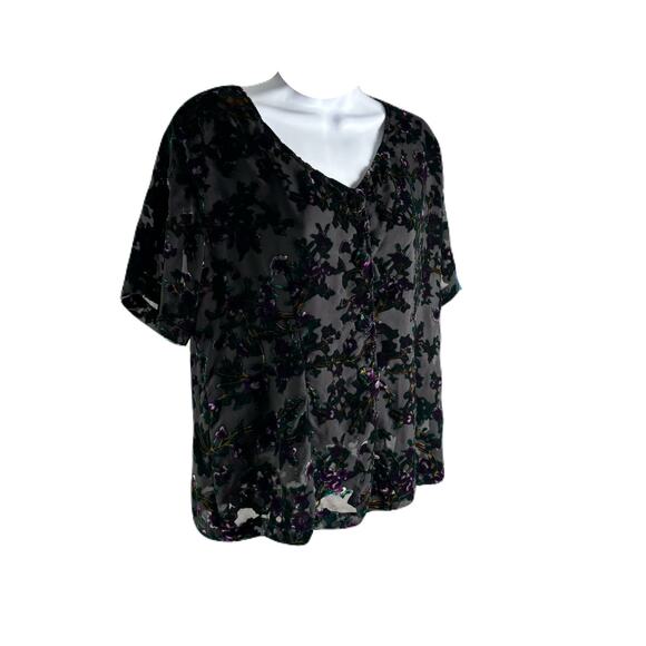 Burnout Velvet Vintage 90s Short Sleeve Button Front Blouse - Picture 2 of 10